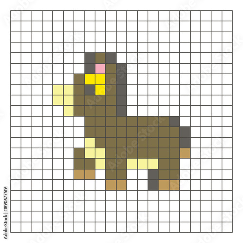 A flat pixel design made of geometric square color blocks on a clean grid layout. Pixel art donkey