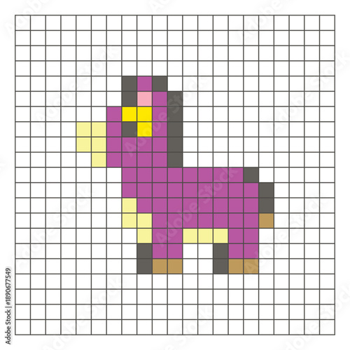 A flat pixel design made of geometric square color blocks on a clean grid layout. Pixel art donkey