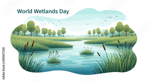 Illustration of a serene wetland landscape with trees, grasses, and water for World Wetlands Day, featuring a character sketch design with a natural and peaceful mood.