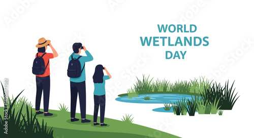 Illustration of people observing wetlands on World Wetlands Day with a character design featuring a tree and animals in America.