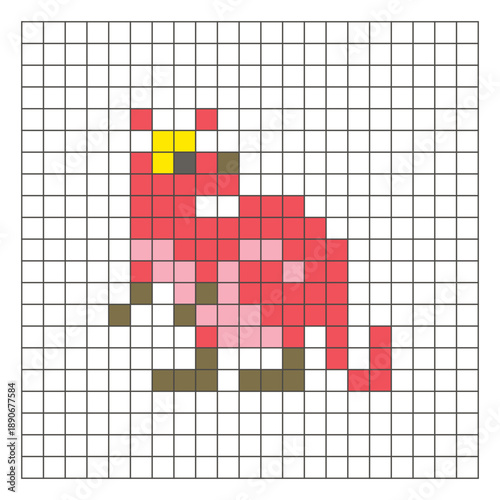 A flat pixel design made of geometric square color blocks on a clean grid layout. Pixel art kangaroo
