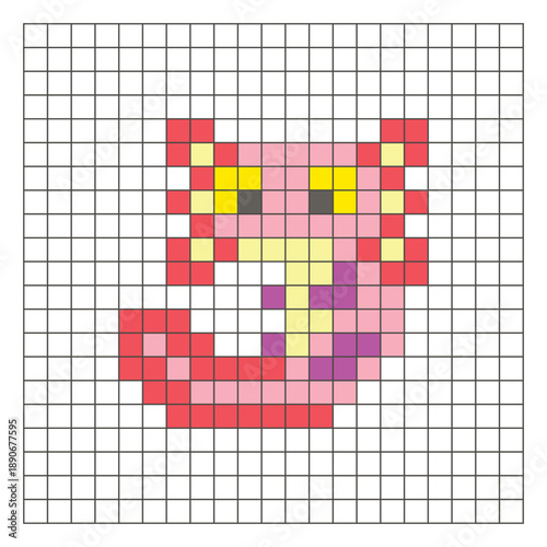 A flat pixel design made of geometric square color blocks on a clean grid layout. Pixel art axolotl