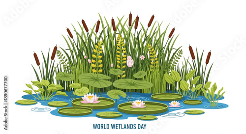 Vector illustration of a serene wetland scene with lily pads, cattails, and a character design for World Wetlands Day, featuring a tree and animals in America.