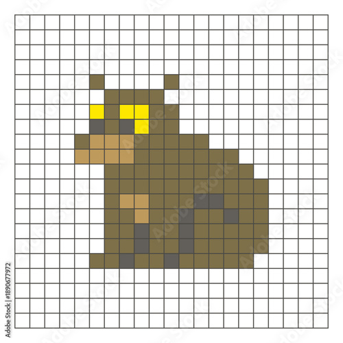 A flat pixel design made of geometric square color blocks on a clean grid layout. Pixel art bear