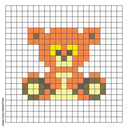 A flat pixel design made of geometric square color blocks on a clean grid layout. Pixel art bear