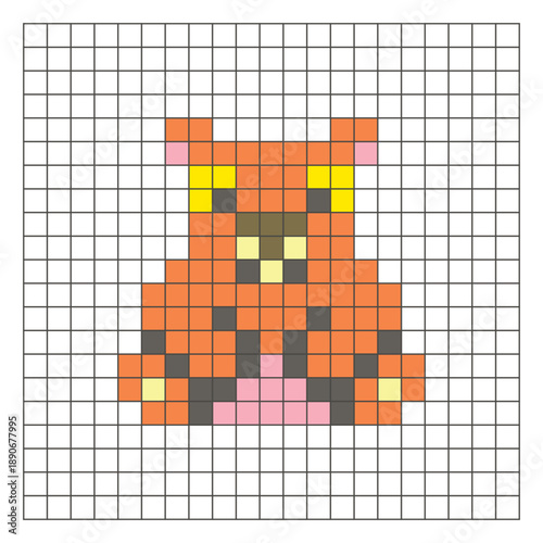 A flat pixel design made of geometric square color blocks on a clean grid layout. Pixel art bear