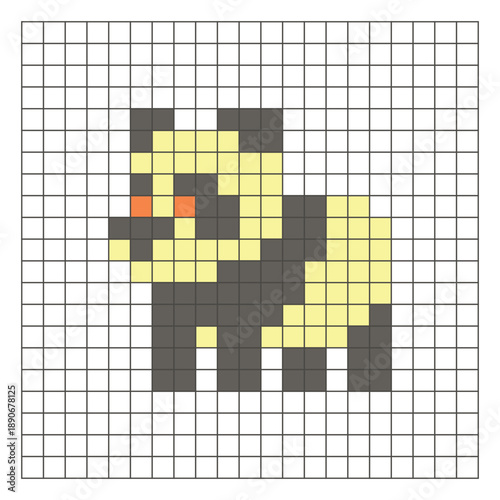 A flat pixel design made of geometric square color blocks on a clean grid layout. Pixel art panda