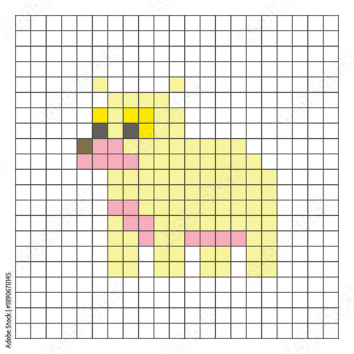 A flat pixel design made of geometric square color blocks on a clean grid layout. Pixel art polar bear