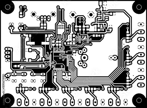 Tracing conductors of printed circuit board
of electronic device. Vector engineering 
drawing of pcb design. Electric background.
Computer technic cad project.