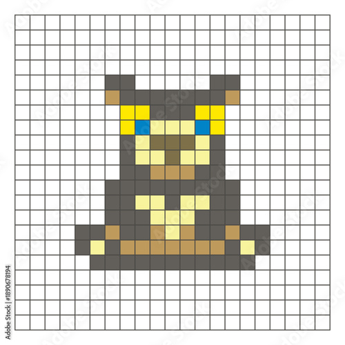 A flat pixel design made of geometric square color blocks on a clean grid layout. Pixel art honey bear