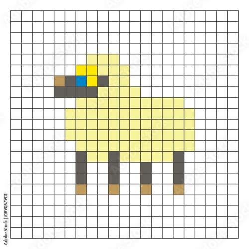 A flat pixel design made of geometric square color blocks on a clean grid layout. Pixel art sheep