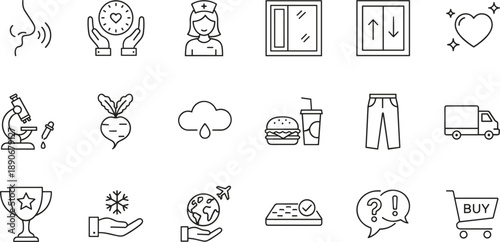 Mixed Lifestyle And Service Line Icon Set With Delivery Truck Microscope Trophy Weather Global Travel And Shopping Symbols