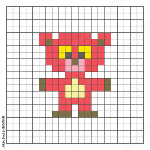 A flat pixel design made of geometric square color blocks on a clean grid layout. Pixel art bear