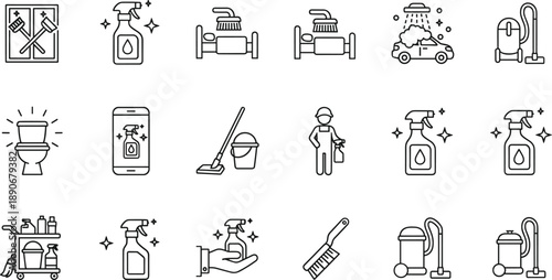 Professional Cleaning And Sanitation Line Icon Set With Vacuum Cleaner Spray Bottle Janitor Mop Bucket And Hygiene Symbols