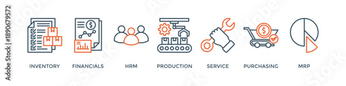 ERP banner web icon vector illustration concept for enterprise resource planning with icon of inventory, financials, hrm, production, service, purchasing, and mrp