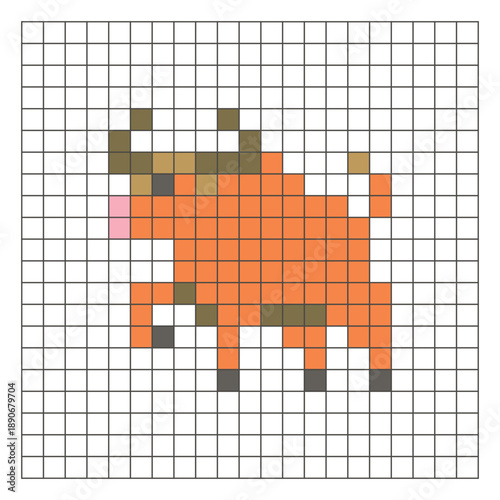 A flat pixel design made of geometric square color blocks on a clean grid layout. Pixel art bull