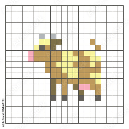 A flat pixel design made of geometric square color blocks on a clean grid layout. Pixel art cow