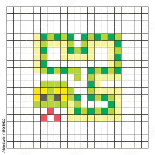 A flat pixel design made of geometric square color blocks on a clean grid layout. Pixel art snake