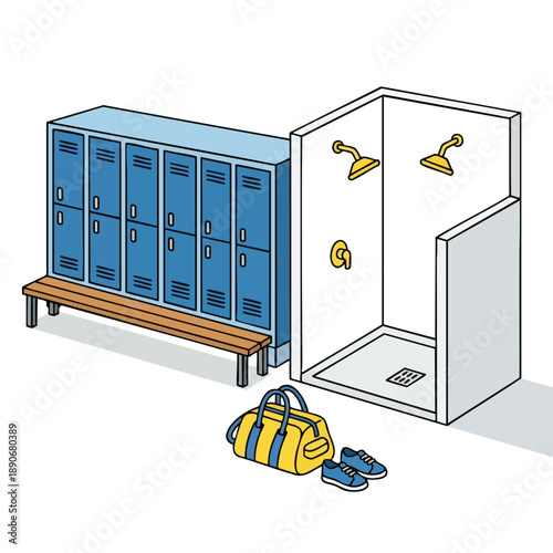 Gym Locker Room with Shower and Gym Bag