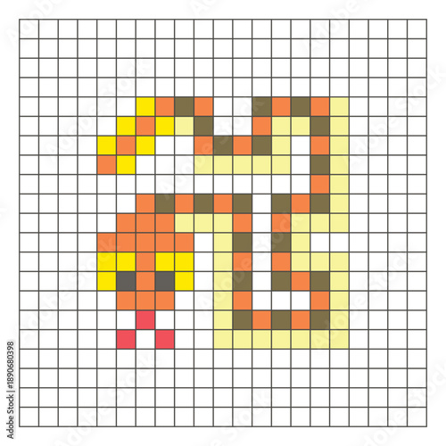 A flat pixel design made of geometric square color blocks on a clean grid layout. Pixel art rattlesnake