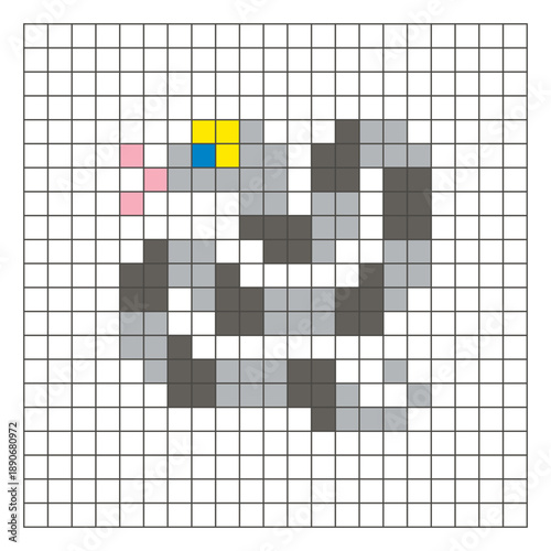 A flat pixel design made of geometric square color blocks on a clean grid layout. Pixel art snake