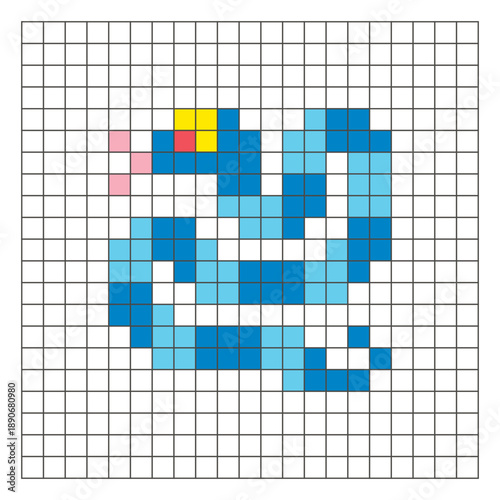 A flat pixel design made of geometric square color blocks on a clean grid layout. Pixel art snake