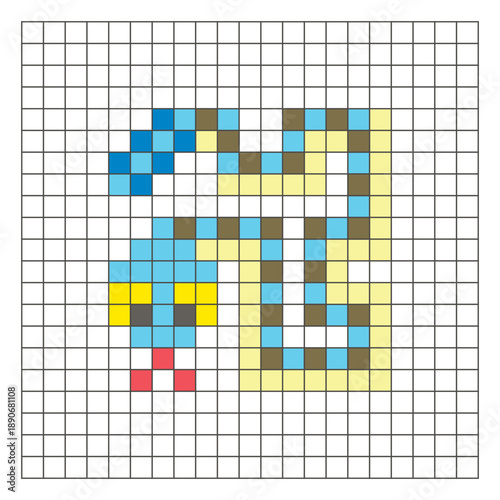 A flat pixel design made of geometric square color blocks on a clean grid layout. Pixel art rattlesnake