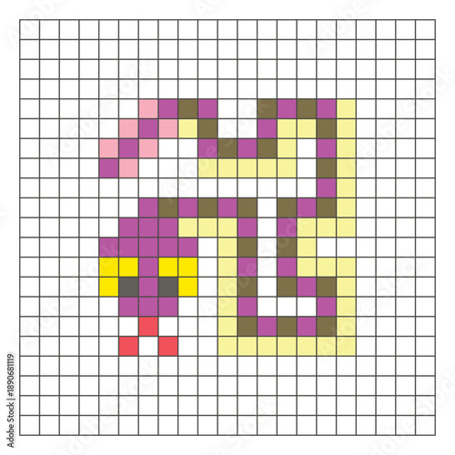 A flat pixel design made of geometric square color blocks on a clean grid layout. Pixel art rattlesnake