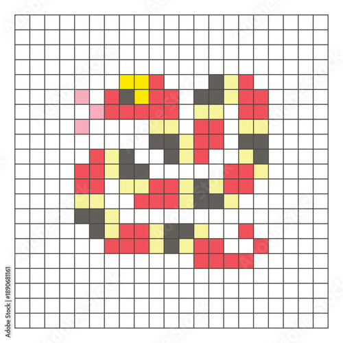 A flat pixel design made of geometric square color blocks on a clean grid layout. Pixel art snake