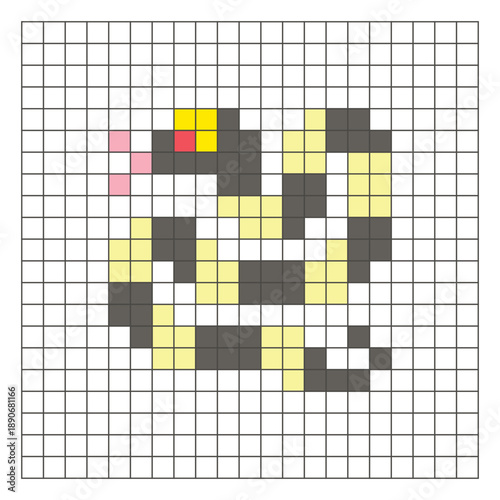 A flat pixel design made of geometric square color blocks on a clean grid layout. Pixel art snake