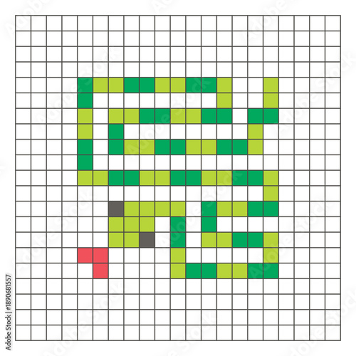 A flat pixel design made of geometric square color blocks on a clean grid layout. Pixel art snake