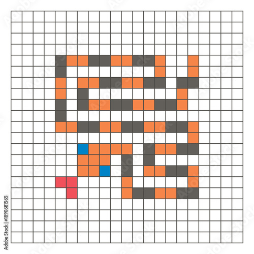 A flat pixel design made of geometric square color blocks on a clean grid layout. Pixel art snake