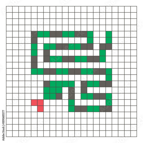 A flat pixel design made of geometric square color blocks on a clean grid layout. Pixel art snake