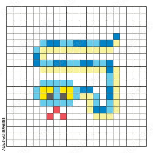 A flat pixel design made of geometric square color blocks on a clean grid layout. Pixel art snake