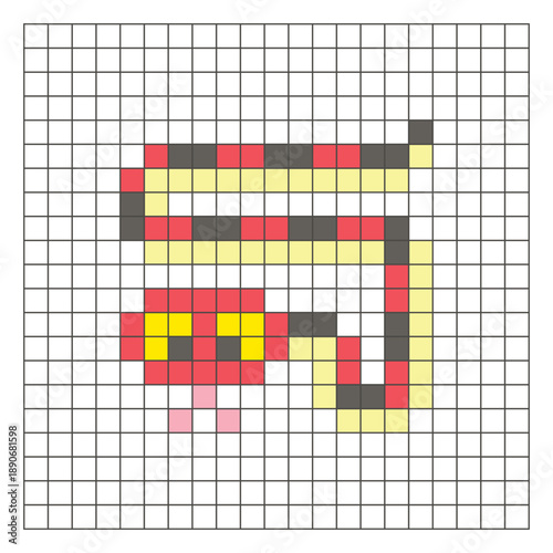 A flat pixel design made of geometric square color blocks on a clean grid layout. Pixel art snake