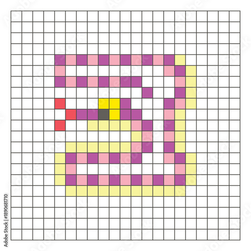 A flat pixel design made of geometric square color blocks on a clean grid layout. Pixel art snake