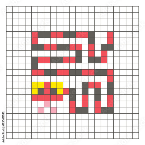 A flat pixel design made of geometric square color blocks on a clean grid layout. Pixel art snake