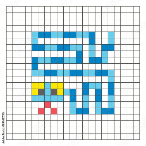 A flat pixel design made of geometric square color blocks on a clean grid layout. Pixel art snake