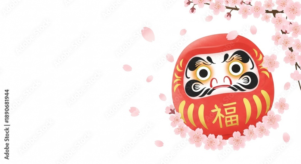 Obraz premium Spring Celebration with Sakura and Lucky Daruma Illustration｜Japanese Good Luck Symbol for Graduation, New Job and Moving