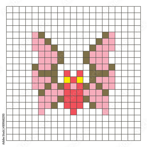 A flat pixel design made of geometric square color blocks on a clean grid layout. Pixel art bat
