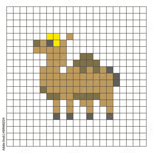 A flat pixel design made of geometric square color blocks on a clean grid layout. Pixel art camel