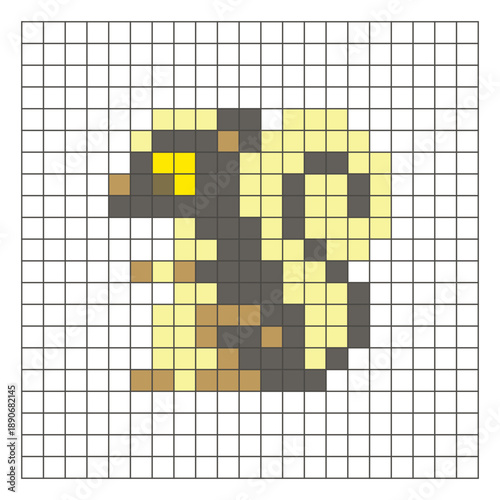 A flat pixel design made of geometric square color blocks on a clean grid layout. Pixel art squirrel