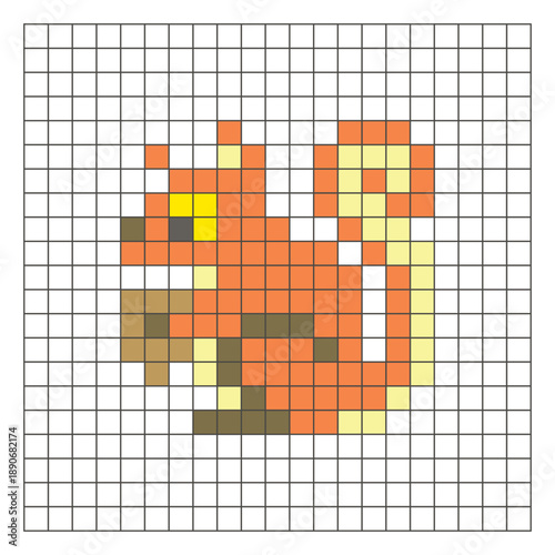 A flat pixel design made of geometric square color blocks on a clean grid layout. Pixel art squirrel