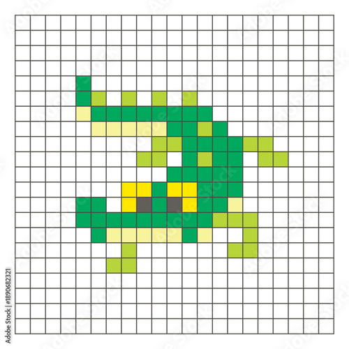 A flat pixel design made of geometric square color blocks on a clean grid layout. Pixel art crocodile