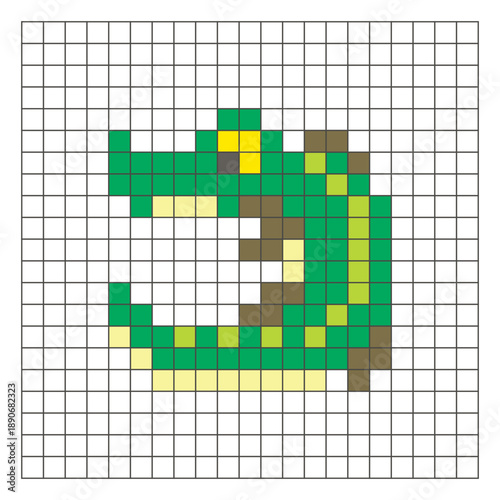 A flat pixel design made of geometric square color blocks on a clean grid layout. Pixel art crocodile