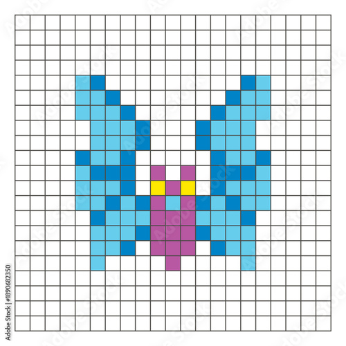 A flat pixel design made of geometric square color blocks on a clean grid layout. Pixel art bat