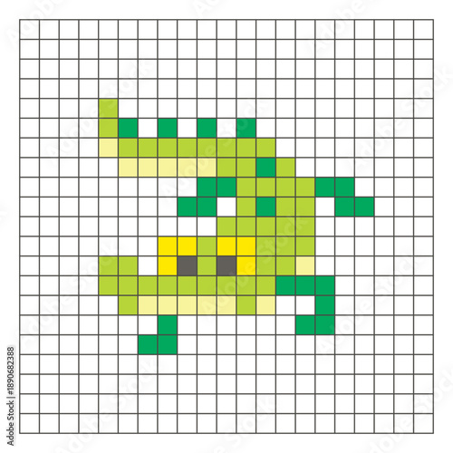 A flat pixel design made of geometric square color blocks on a clean grid layout. Pixel art crocodile