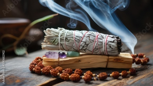 Sacred sage smudge resting on wood