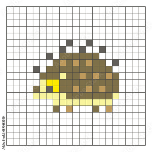 A flat pixel design made of geometric square color blocks on a clean grid layout. Pixel art porcupine