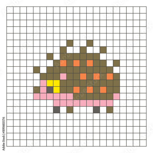 A flat pixel design made of geometric square color blocks on a clean grid layout. Pixel art porcupine